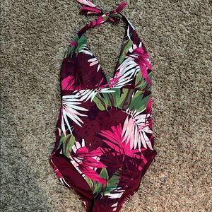 Land’s End Women’s Floral Halter One-Piece Swimsuit in Burgundy and Pink size 12